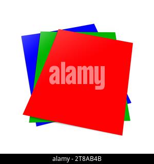 Drei Berichte leere Vorlage rot, grün und blau (RGB) für Präsentationslayouts und Design. 3D-Rendering. Digital Generiertes Bild. Isoliert auf weiß Stockfoto