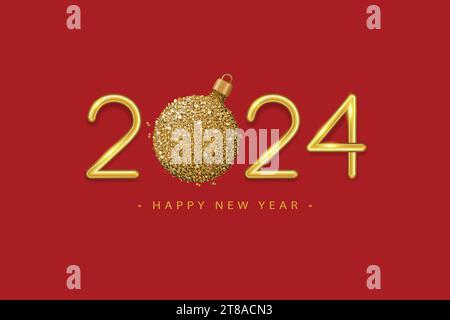 Happy New Year 2024 Banner. Goldenes, luxuriöses, festliches Design mit leuchtenden Zahlen. Vektorillustration in realistischem Stil Stock Vektor