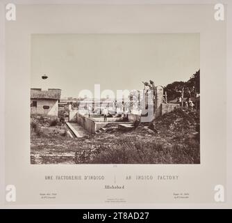 In Sorge, dass seine Zeichnungen dem Glanz der indischen Denkmäler nicht gerecht werden, lernte Rousselet in diesem Jahr in Indien Fotografie, eine bemerkenswerte Leistung. Er erwies sich als talentierter Fotograf mit einem ausgeprägten Sinn für Komposition. Die Szenen in diesem Band erstrecken sich über Orte der Sultanat-, Rajput- und Mogul-Macht im Norden Indiens, von der heiligen hinduistischen Stadt Varanasi am Ganges bis nach Alwar in Rajasthan. Ebenfalls enthalten sind mehrere Szenen der Industrie und Porträts indischer Herrscher. India: An Indigo Factory, Allahabad, 1865–68, veröffentlicht 1869–70. Louis-Théophile Marie Rous Stockfoto