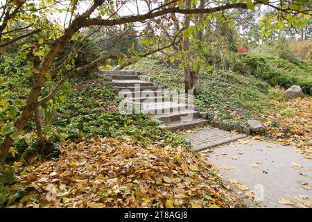 Wunderschöne Natur Herbstlandschaft. Blick auf den Herbst-Stadtpark mit goldgelbem Laub an bewölktem Tag. Spaziergänge im Stadtpark mit herbstlich gefallenen Blättern Stockfoto