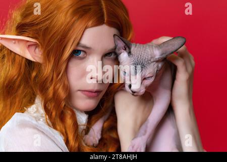 Porträt der jungen rothaarigen Cosplay-Elfe mit Sphynx-Kätzchen auf rotem Hintergrund. Elfe in weißem Kleid, mit wunderschönen welligen Haaren, lehnte ihren Kopf Stockfoto