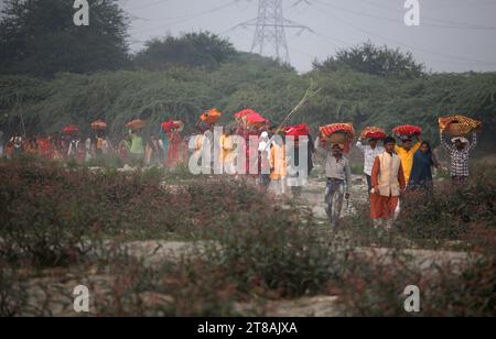 Noida, Indien. Am 19. November 2023 versammeln sich hinduistische Gläubige, um Rituale für den Sonnengott anlässlich des Chhath Puja Festivals in Noida am Stadtrand von Neu-Delhi, Indien, durchzuführen. Quelle: Anil Shakya/Alamy Live News Stockfoto