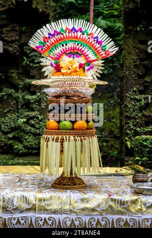 Ein kleiner Tempel, der für heilige Waschungen benutzt wird. Gespendet und mit Moos bedeckt, mit Opfern, schönen Statuen und weil. Heilige Quellen und Weihwasser Bali Stockfoto