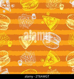 Vektormuster von Fast Food, Hamburger, Pizza und Pommes zeichnen Skizzenstil mit Streifen Hintergrund. Geeignet für Textilien, Menügestaltung und Tapeten. Stock Vektor