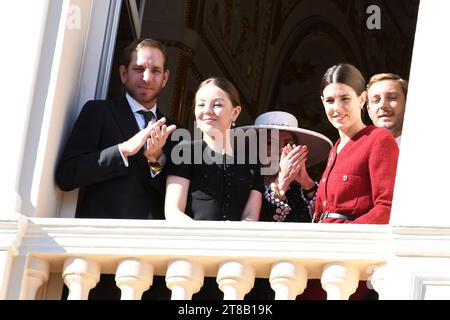 MONACO, 19. NOVEMBER: Andrea Casiraghi, Indien Casiraghi, Prinzessin Alexandra von Hannover, Balthazar Rassam, Charlotte Casiraghi, nehmen am Monaco National Day 2023 am 19. November 2023 in Monaco Teil Stockfoto