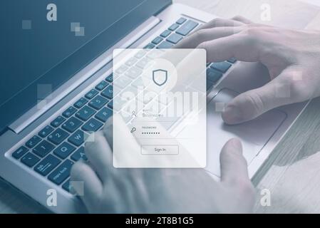 Anmeldeformular-Konzept für die Autentication mit den Händen am Laptop. Nahtlose Sicherheitsintegration für eine übersichtliche und funktionale technische Visualisierung Stockfoto