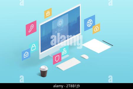 Isometrische Computeranzeige mit Sicherheitsanmeldung und frei beweglichen Symbolen für Sicherheit, Netzwerk, Virus, Cloud. Ideal für saubere technische Grafiken Stockfoto