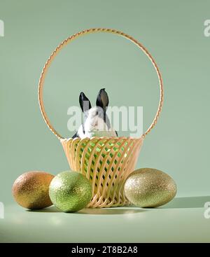Easter Egg Hunt Concept, ein entzückendes Häschen-Kaninchen in einem Korb mit glitzernden Eiern auf grünem Hintergrund Stockfoto