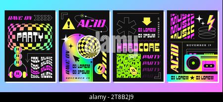 Rave Acid Poster für Partys oder elektronische Musikfestivals. Surreale Vektorillustration im trendigen psychedelischen Stil. Flyer mit abstrakten geometrischen Formen, Lächeln, Discokugel und holografischem Rahmen. Stock Vektor