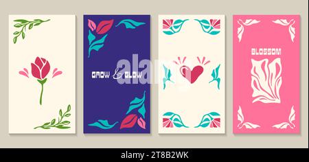 Abstrakte Poster mit Blumen und Blättern im minimalen matisse-Stil. Moderne, naive, groovige Innendekoration. Trendige botanische Wandkunst, Rahmen mit floraler Design-Vektor-Illustration. Stock Vektor