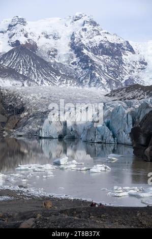 Svínafellsjökull Gletscher und Berge mit Eisbergen, die im See schwimmen, Island Stockfoto