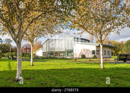 Das Besucherzentrum im Birkenhead Park, eingerahmt von Silberbirken Stockfoto