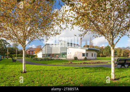 Das Besucherzentrum im Birkenhead Park, eingerahmt von Silberbirken Stockfoto