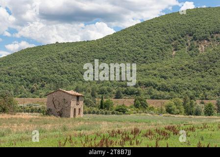 Einzelnes scheinbar verlassenes Bauernhaus aus Stein inmitten eines ländlichen Landwirtschaftsfeldes Stockfoto