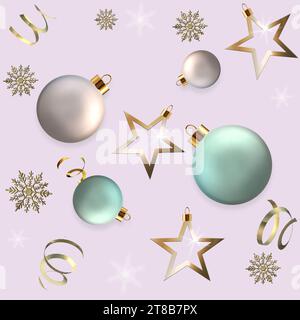 Frohe Weihnachten Happy New Year Design mit Weihnachtskugeln, Konfetti, Sternen, über Pastellrosa. Elegantes Design für Karten Einladungskopf. 3D-Rendering Stockfoto