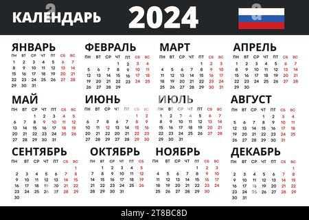 Kalender 2024 auf Russisch, Anfang der Woche ab Montag. Vorlage für Design. Vektor. Stock Vektor