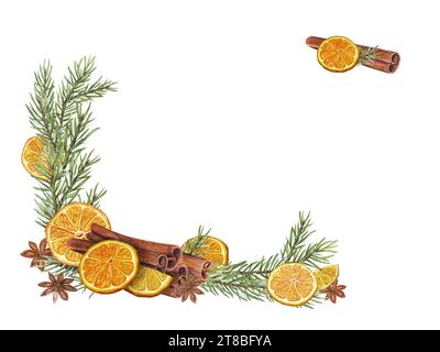 Rahmen aus weihnachtlichen trockenen Orangenscheiben, Zimtstäbchen, Sternanis und Fichtenzweigen. Zitrus, immergrün, Gewürz, Badian. Abbildung Stockfoto