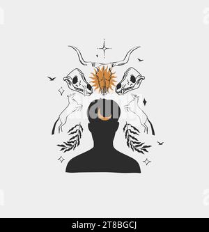 Hand gezeichneter Vektor abstrakt, grafische magische menschliche Silhouette, Mond, Tierschädel, Blumen und Sterne in minimalistischer moderner Linienart-Illustration Stock Vektor
