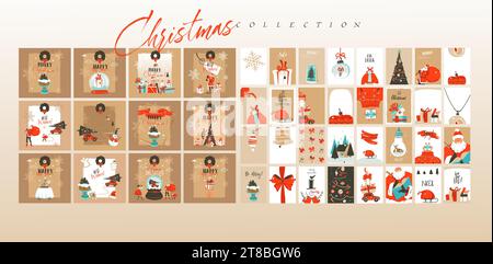 Hand gezeichnet Vektor abstrakt Spaß Merry Christmas Time Cartoon Illustrationen Grußkarten Vorlage und Hintergründe große Sammlung Set mit Geschenkboxen Stock Vektor