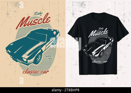 Amerikanisches Muscle Oldtimer-T-Shirt-Design. Vintage-Grafik in Schwarz und weiß mit Muscle-T-Shirt. Muscle Car-T-Shirt-Illustration. Stock Vektor