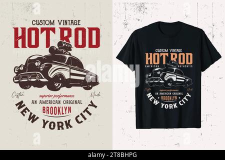 Hotrod-Auto-T-Shirt-Design. Vintage-Hotrod-Auto-Vektor-T-Shirt-Grafik. american Hot Rod alte Autos Custom T-Shirt Vorlage. Stock Vektor
