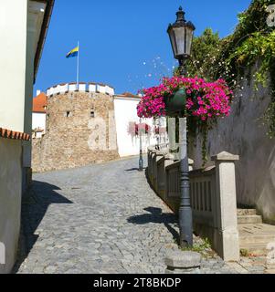 Die Stadt Pisek, im lokalen Písek, historische mittelalterliche Festung der Stadt mit einer Bastion und dem Putim-Tor, Tschechische Republik Stockfoto