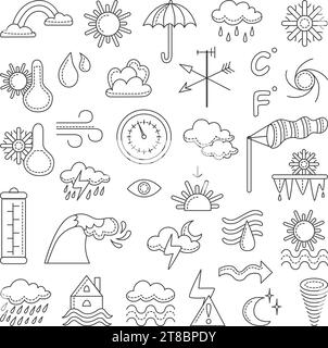 Meteorologie-Doodle-Set. Wettersymbole, Wolken und Regentropfen, Sonne und Schneeflocken. Isolierte saisonale Vorhersage, windige und regnerische neoterische Vektorsymbole Stock Vektor