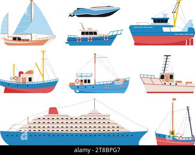 Cartoon-Flachboote und -Schiffe. Fischerei- und Reiseschiffe, Trawler und Yachten. Meer- oder Ozeanabenteuer und Transport anständige Vektorelemente Stock Vektor