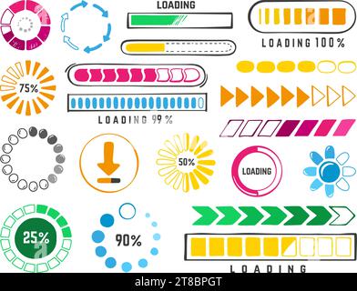 Doodle-Ladebalken, Update und Internet-Ladebalken. Isolierter Status des Fortschritts, Download und Geschwindigkeit handgezeichneter Elemente. Neoterische Vektorgrafik Stock Vektor