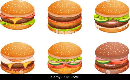 Burger. Fastfood Küche mit verschiedenen Bürgern exakte Vektor Karikatur Illustration Snacks mit Fleisch und Käse Zutaten Stock Vektor