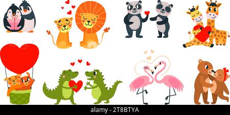 Niedliche Tierpaare romantische Charaktere. Tiere, die verliebt sind, sich umarmen und Hände halten. Lustiger Karikaturbär und leo, valentinstag klassischer Vektor Clipart Stock Vektor