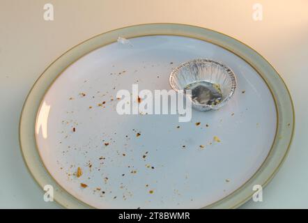 Ein Foto von einer leeren silbernen Hackkuchen-Dose auf einer weißen Platte mit Krümeln auf einem weißen Schreibtisch. Stockfoto