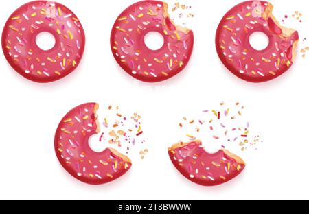 Gebissene Donuts. Realistisch gegessen Donut, köstliche Kekse mit Loch für Hanukkah, Biss Halb Donut bunt glasierte Topping und Krümel Zucker Delikatesse Zuckerguss Glasur Vektor Illustration von Bäckerei Kuchen Donut Stock Vektor
