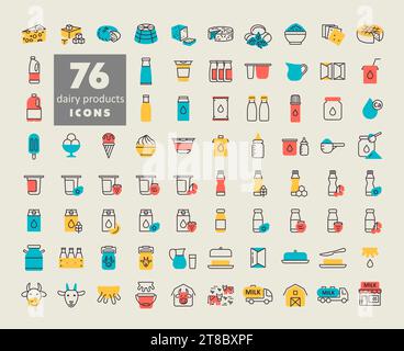 Milch, Milchprodukte, Vektor-Symbolset. Diagrammsymbol für Design von Kochwebsite und Apps, Logo, App, UI Stock Vektor