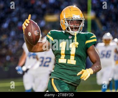 Green Bay, Usa. November 2023. Der Wide-Receiver Jayden Reed der Green Bay Packers reagiert auf einen Touchdown während des Spiels der NFL zwischen den Los Angeles Chargers und den Green Bay Packers im Lambeau Field am Sonntag, den 19. November 2023. Foto: Tannen Maury/UPI Credit: UPI/Alamy Live News Stockfoto