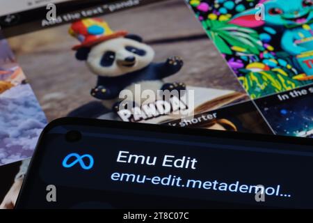 Logo des Meta EMU Edit Tools auf dem Smartphone und seine Beispiele im Hintergrund. Neues KI-Bildgenerierungs- und Bearbeitungswerkzeug von Meta. Stafford, Großbritannien, Novem Stockfoto