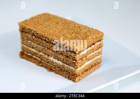 Ein Stück russischer Honigkuchen (medovik) auf einem weißen Teller Stockfoto