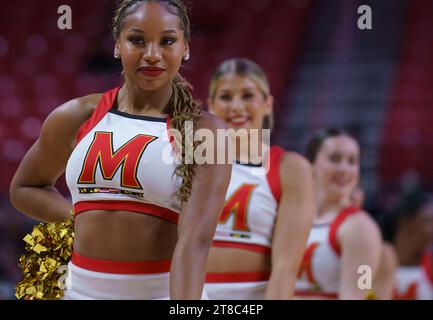 College Park, USA. November 2023. COLLEGE PARK, MD - 19. NOVEMBER: Maryland Cheerleader treten während eines Basketballspiels zwischen den Maryland Terrapins und den Syracuse Orange am 19. November 2023 im Xfinity Center im College Park auf. Maryland. (Foto: Tony Quinn/SipaUSA) Credit: SIPA USA/Alamy Live News Stockfoto