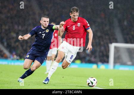 Glasgow, Schottland. November 2023. Qualifizierungskampagne, Großbritannien. November, 23. Spielte Norwegen im Hampden Park, Glasgow, Schottlands Nationalstadion. Vor dem Spiel hat sich Schottland bereits qualifiziert und liegt hinter Spanien auf dem zweiten Platz. Das Ergebnis ist wichtig, wenn die nächste Unentschieden stattfindet. Credit: Findlay/Alamy Live News Credit: Findlay/Alamy Live News Stockfoto