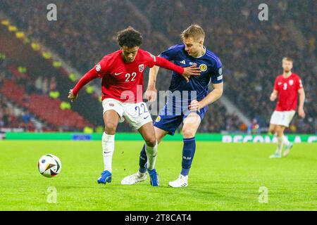 Glasgow, Schottland. November 2023. Qualifizierungskampagne, Großbritannien. November, 23. Spielte Norwegen im Hampden Park, Glasgow, Schottlands Nationalstadion. Vor dem Spiel hat sich Schottland bereits qualifiziert und liegt hinter Spanien auf dem zweiten Platz. Das Ergebnis ist wichtig, wenn die nächste Unentschieden stattfindet. Credit: Findlay/Alamy Live News Credit: Findlay/Alamy Live News Stockfoto