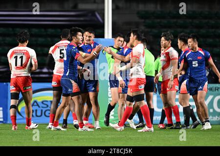 Osaka, Japan. Kredit: MATSUO. November 2023. Zwei Mannschaftsgruppen Rugby : Asia Rugby Regional Qualifier Japan 7s Men's Pool Ein Spiel zwischen Japan 14-21 China im Yodoko Sakura Stadium in Osaka, Japan. Quelle: MATSUO .K/AFLO SPORT/Alamy Live News Stockfoto