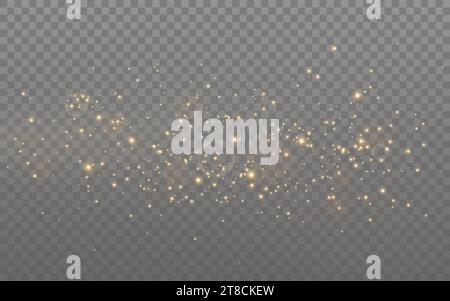 Glitzerstaub. Glänzende Goldpartikel. Luxuriöser Glitzereffekt. Magisches goldenes Konfetti. Weihnachtspulver mit Bokeh. Glühende Explosion für Grußkarte o Stock Vektor