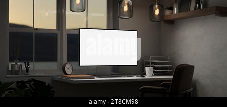 Ein moderner privater Büroarbeitsplatz mit einem Computermockup mit weißem Bildschirm, Topfpflanzen und Zubehör auf einem Tisch vor dem Fenster mit Blick auf den See. Stockfoto
