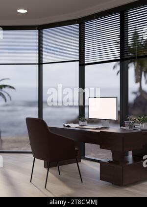 Ein modernes privates Büro mit einem Computermockup auf einem Hartholzschreibtisch und einem Sessel in der Nähe des großen Glasfensters. 3D-Rendering, 3D-Illus Stockfoto