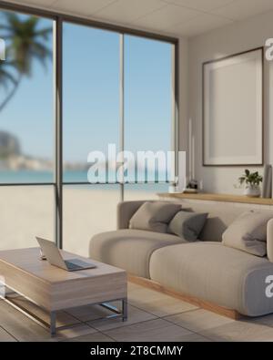Inneneinrichtung eines modernen Wohnzimmers mit gemütlicher Couch in der Nähe des Fensters mit Blick auf die Küste, einem Couchtisch auf Parkettboden und einem Platzhalter Stockfoto