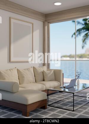 Inneneinrichtung eines modernen Wohnzimmers mit gemütlicher Couch in der Nähe des Fensters mit Blick auf die Küste, einem Couchtisch auf Parkettboden und einem Platzhalter Stockfoto