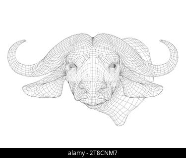 Büffelkopfrahmen mit großen Hörnern aus schwarzen Linien isoliert auf weißem Hintergrund. Vorderansicht. 3D. Vektorabbildung. Stock Vektor