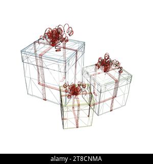 Drahtmodell aus drei Geschenkboxen mit Bändern auf weißem Hintergrund. Visumperspektive. 3D. Vektorabbildung. Stock Vektor