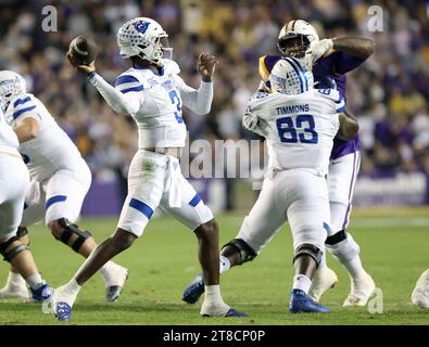 Baton Rouge, USA. November 2023. Georgia State Panthers Quarterback Darren Grainger (3) versucht am Samstag, den 18. November 2023, einen Pass während eines College-Football-Spiels im Tiger Stadium in Baton Rouge, Louisiana. (Foto: Peter G. Forest/SIPA USA) Credit: SIPA USA/Alamy Live News Stockfoto