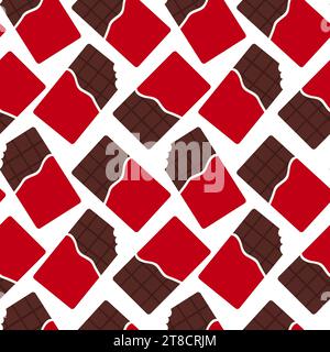 Nahtloses Muster mit roten Schokoladentafeln. Ganze und gebissene Schokoladenriegel. Zeichentrickstil. Vektor-Hintergrund flach. Stock Vektor